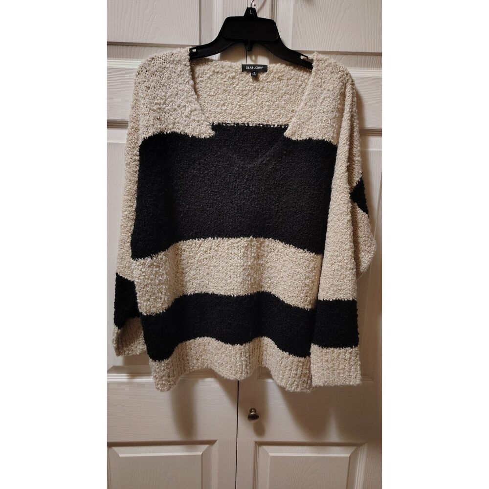 Dear John Adrien Striped V-Neck Oversized Sweater in Black & Creme Medium‎